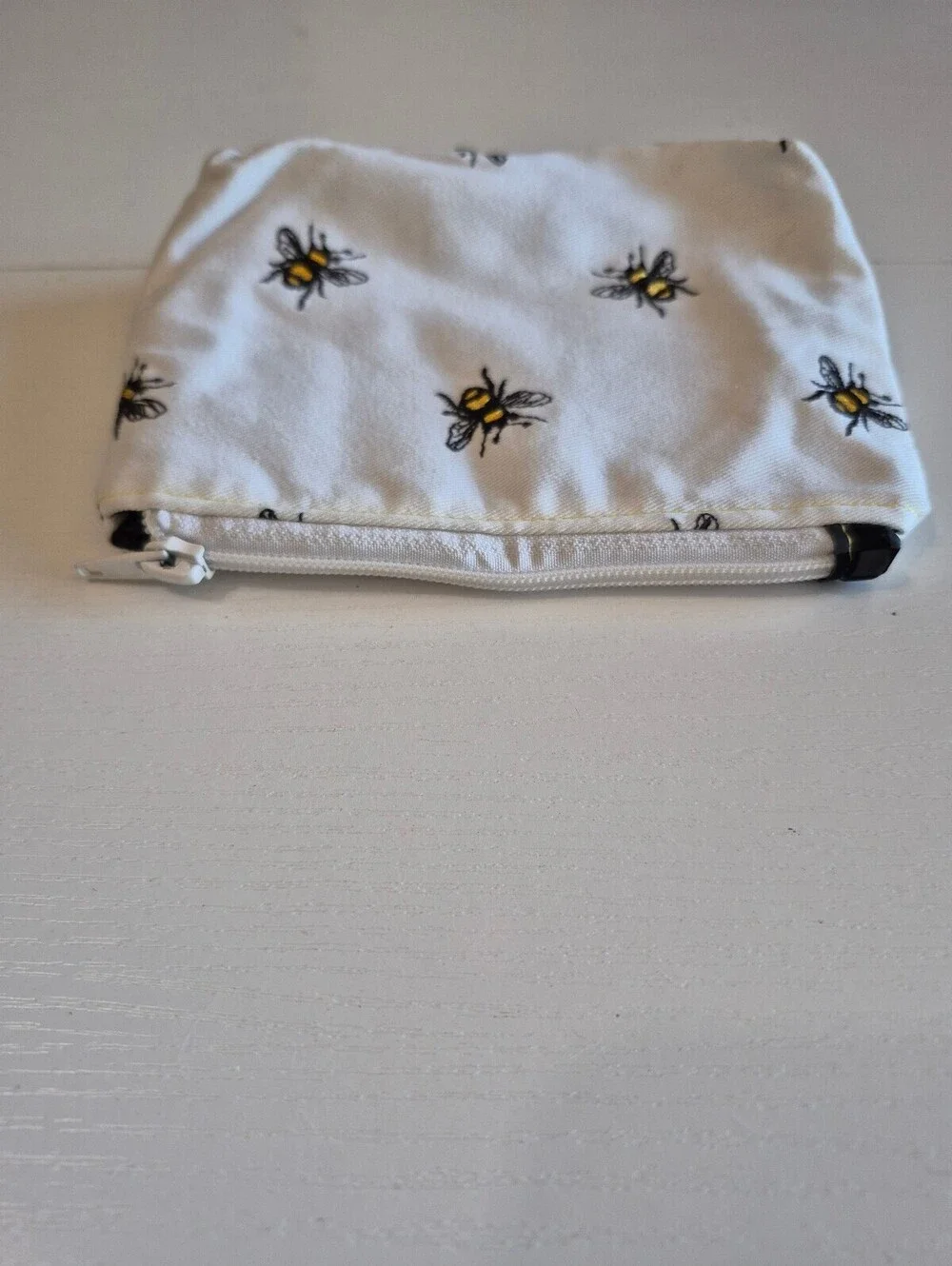 Embroidered Bee on White Denim zippered Pouch